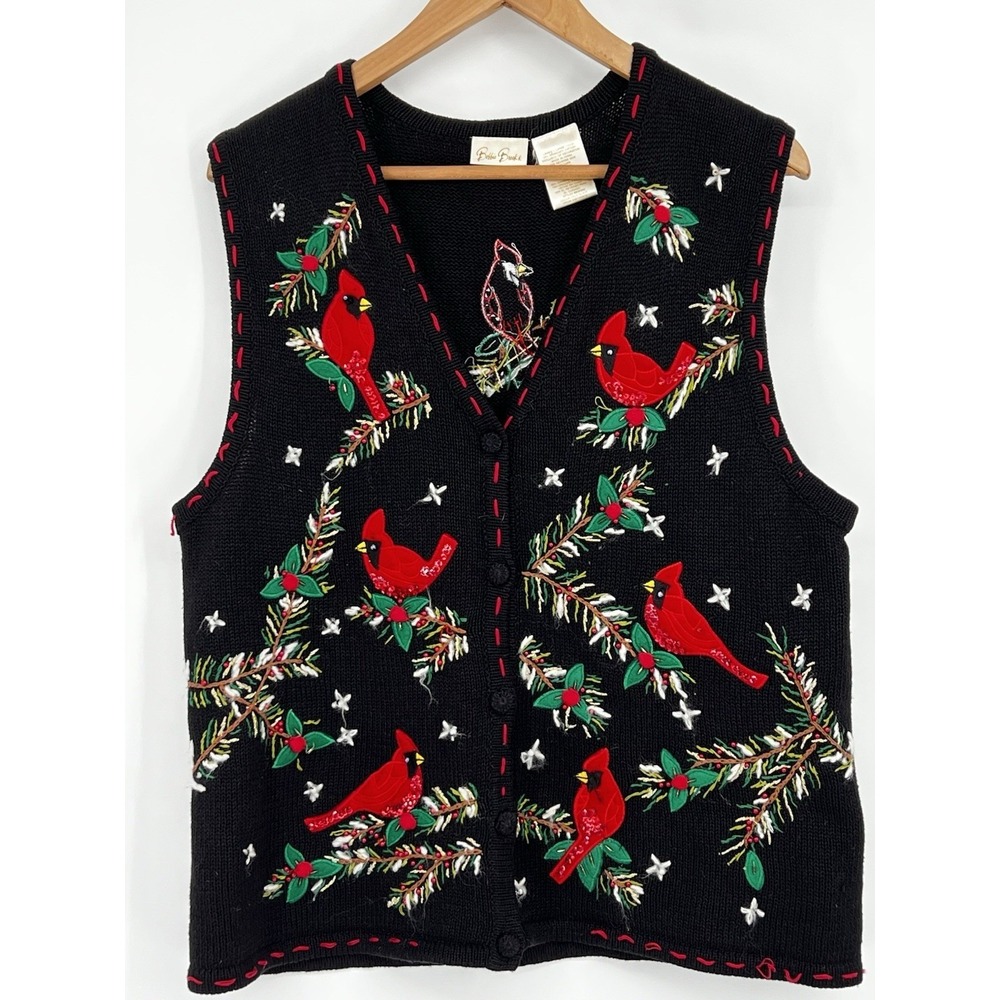 Bobbie Brooks Novelty Large Christmas Holiday Sweater Vest Cardinal Beaded Party